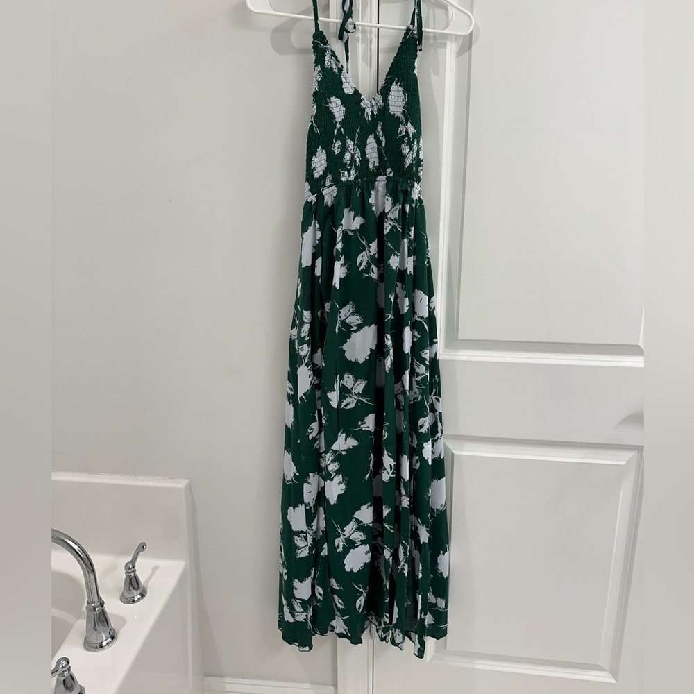 Double slit, dark green halter maxi
